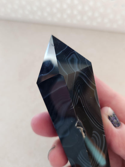 Black Onyx Agate Crystal Wand with Druzy on Stand