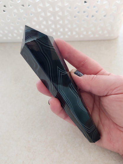 Black Onyx Agate Crystal Wand with Druzy on Stand