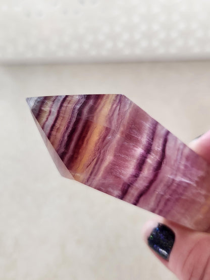 Rainbow Fluorite Crystal Wand on Gold Stand