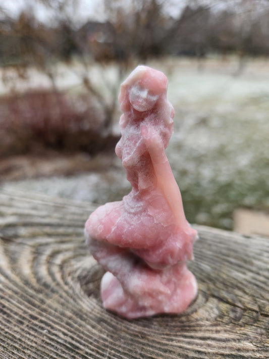 Super Unique Pink Opal Carved Mermaid Sitting on A Rock, Siren, Great Gift