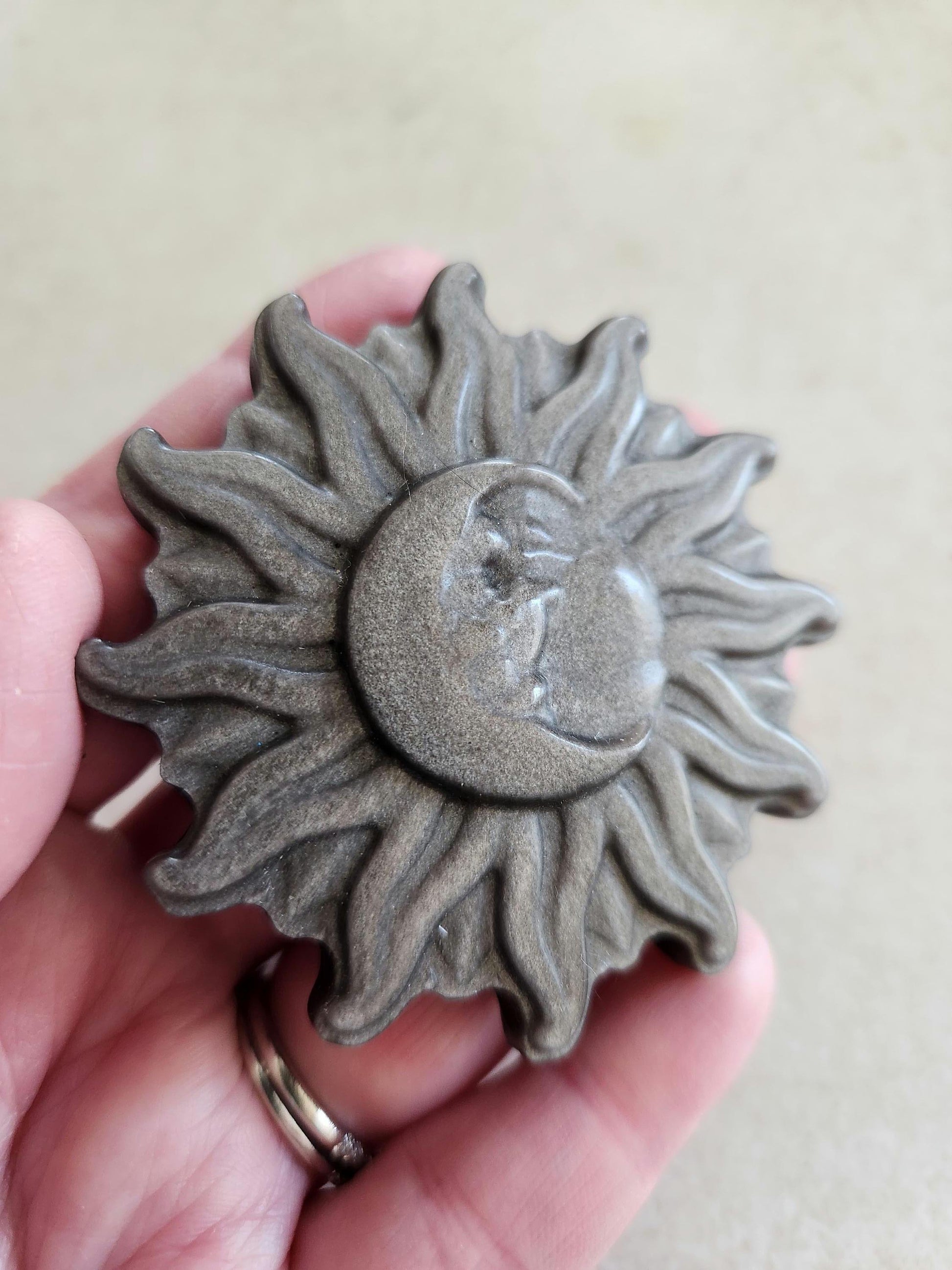 Beautiful Silver Sheen Obsidian Carved Sun and Moon Crystal with Silver Flash, One