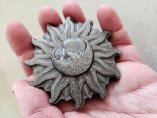 Beautiful Silver Sheen Obsidian Carved Sun and Moon Crystal with Silver Flash, One