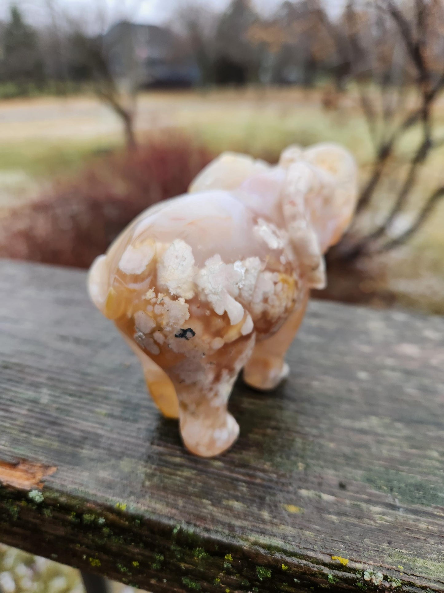 Carved Flower Agate Elephant: High Polished Crystal Stone