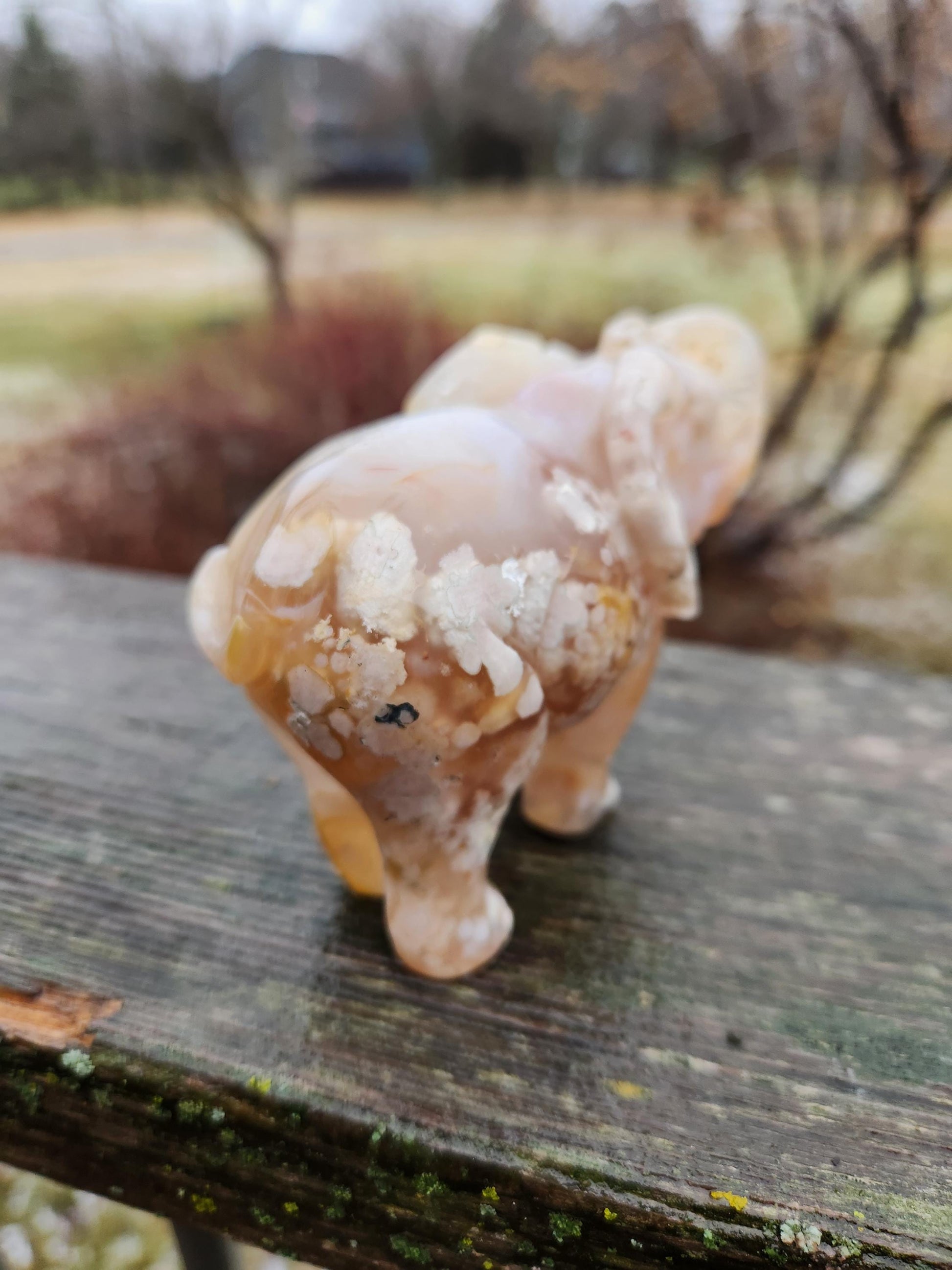 Carved Flower Agate Elephant: High Polished Crystal Stone