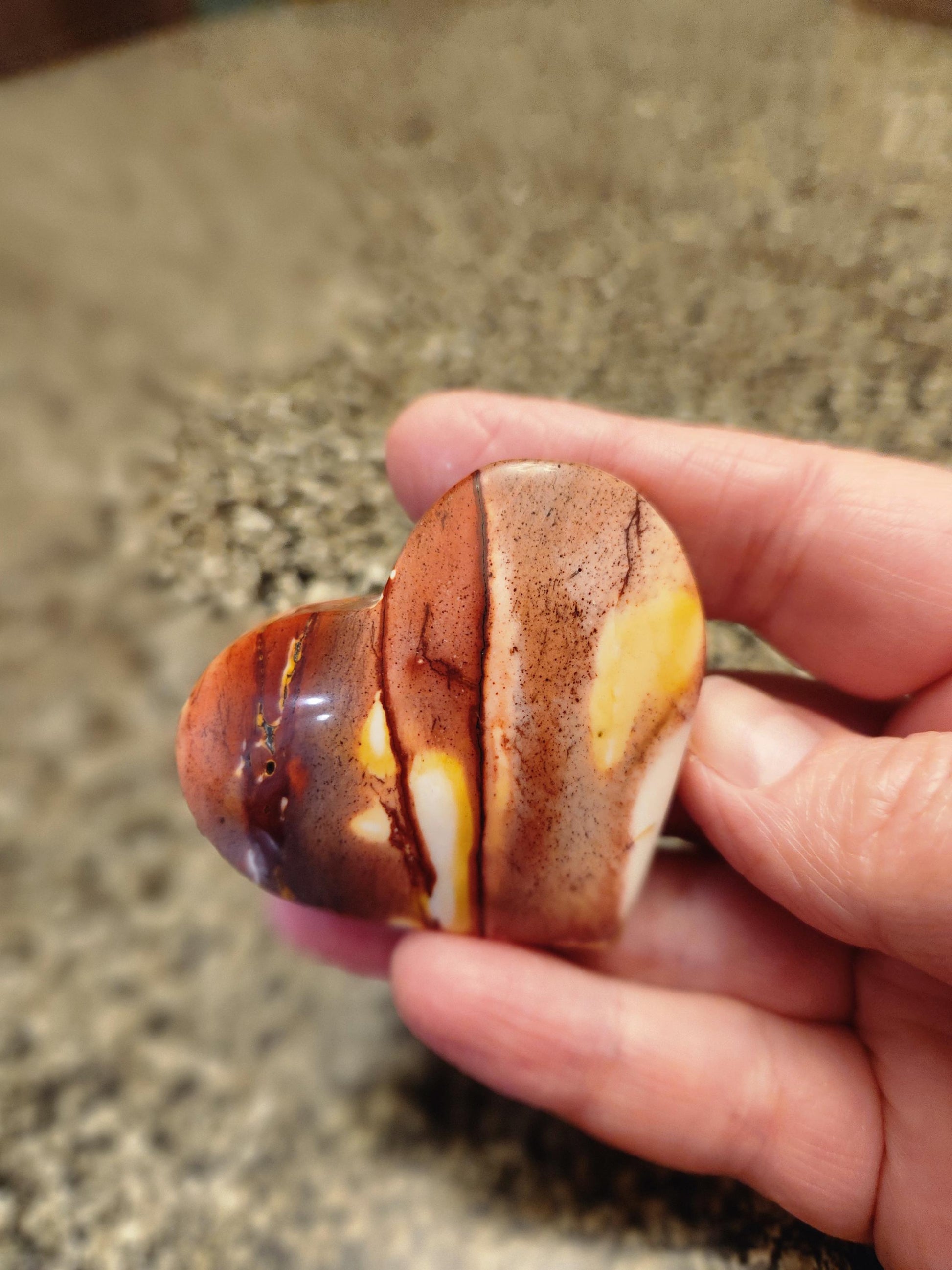Polished Mookaite Jasper Crystal Heart: Burgundy, White, and Yellow