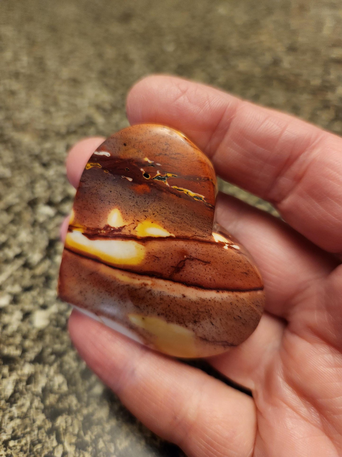 Polished Mookaite Jasper Crystal Heart: Burgundy, White, and Yellow