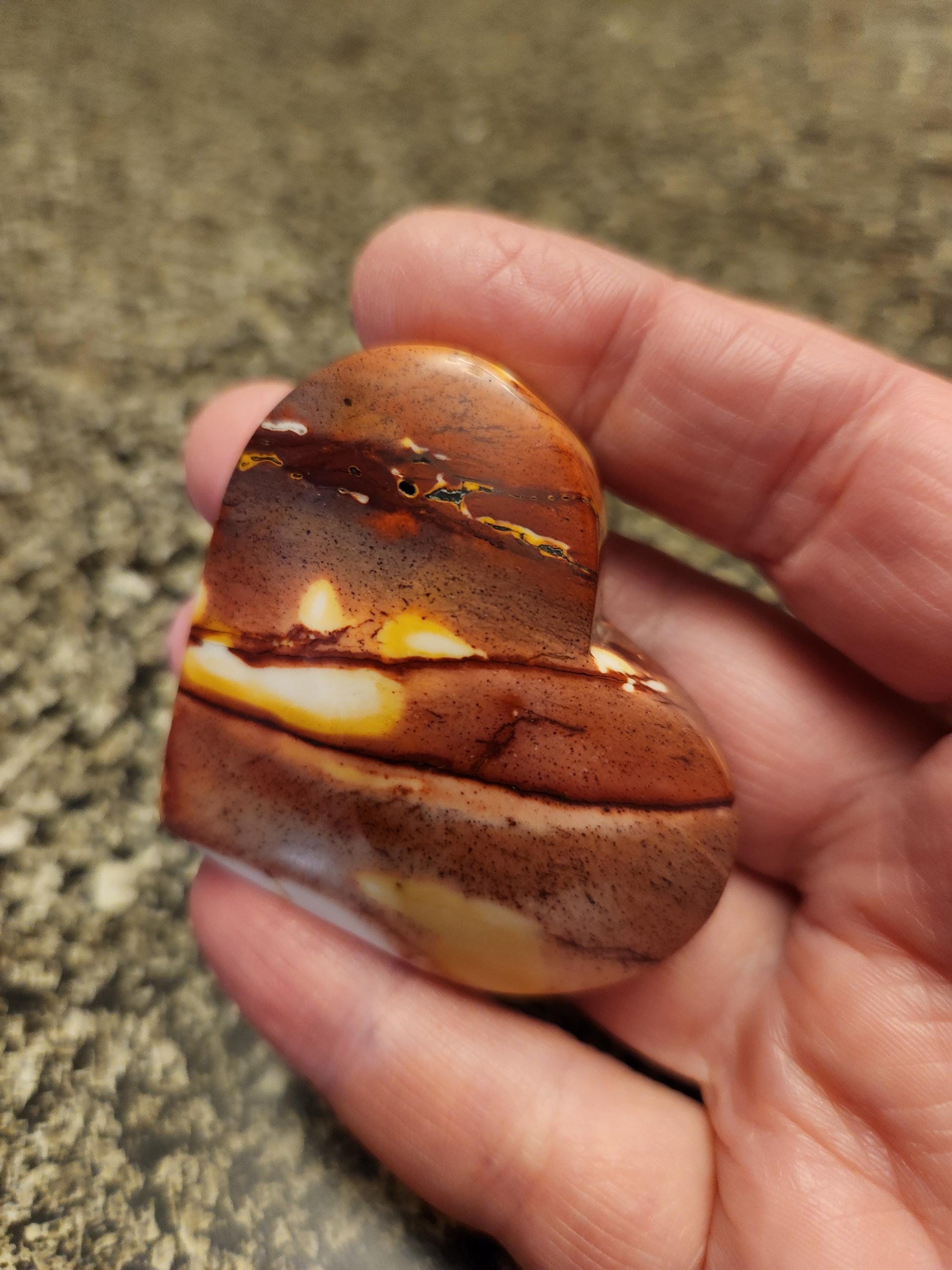 Polished Mookaite Jasper Crystal Heart: Burgundy, White, and Yellow