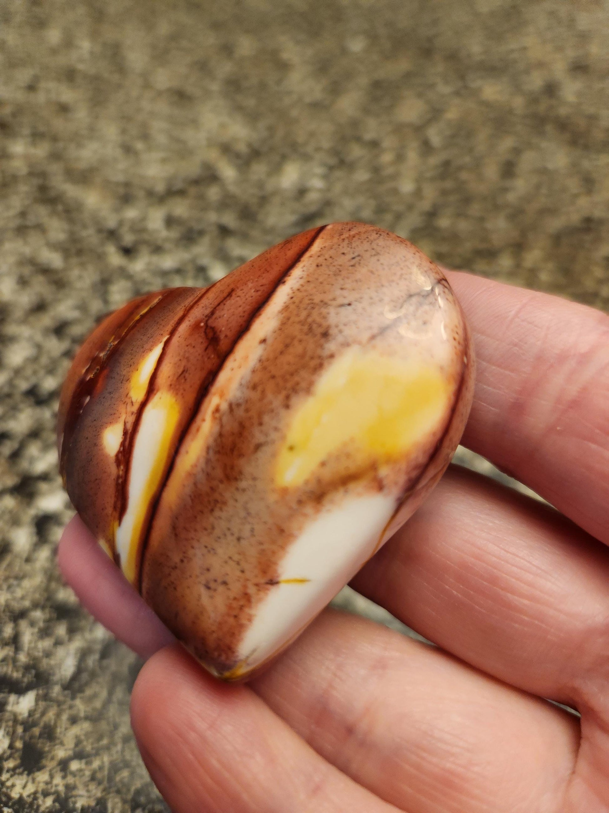 Polished Mookaite Jasper Crystal Heart: Burgundy, White, and Yellow