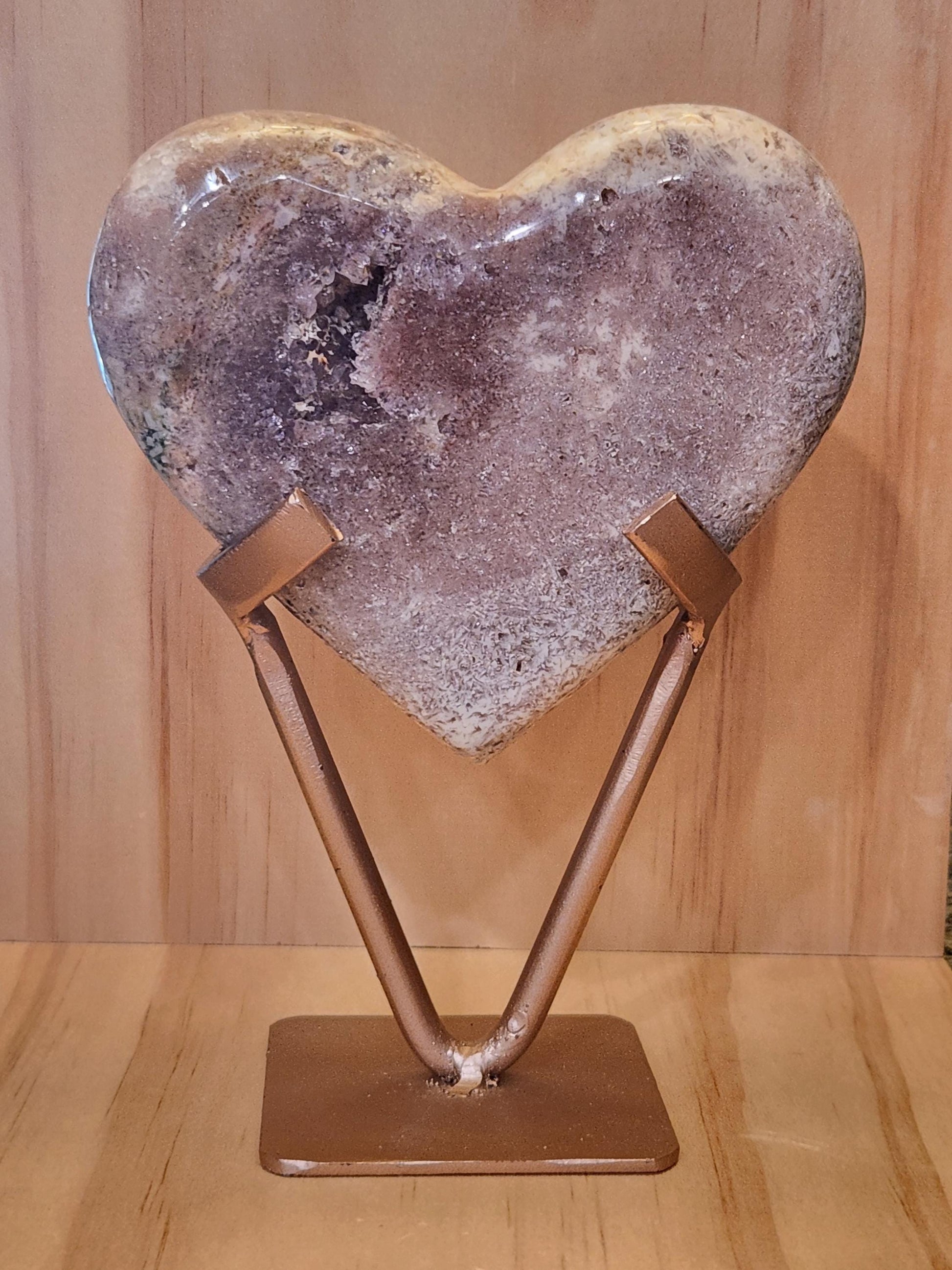 Pink Amethyst Crystal Heart with Rose Gold Stand: Druzy Pocket, Brazil