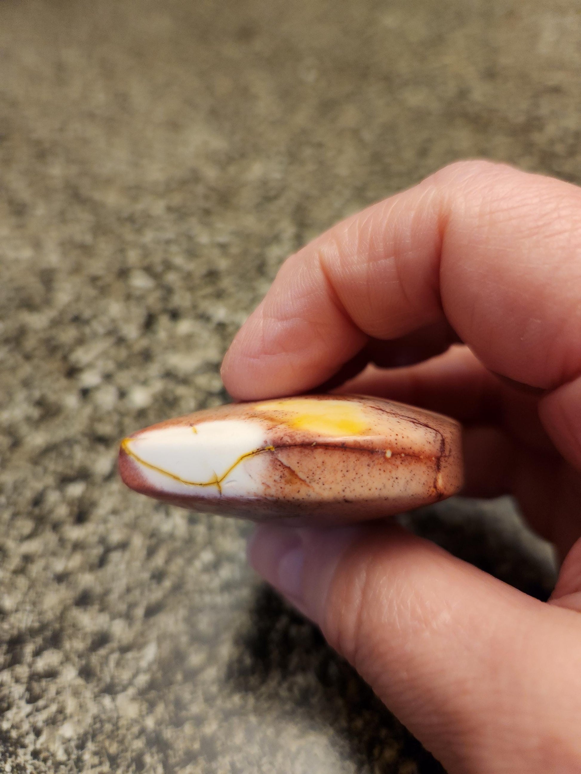 Polished Mookaite Jasper Crystal Heart: Burgundy, White, and Yellow