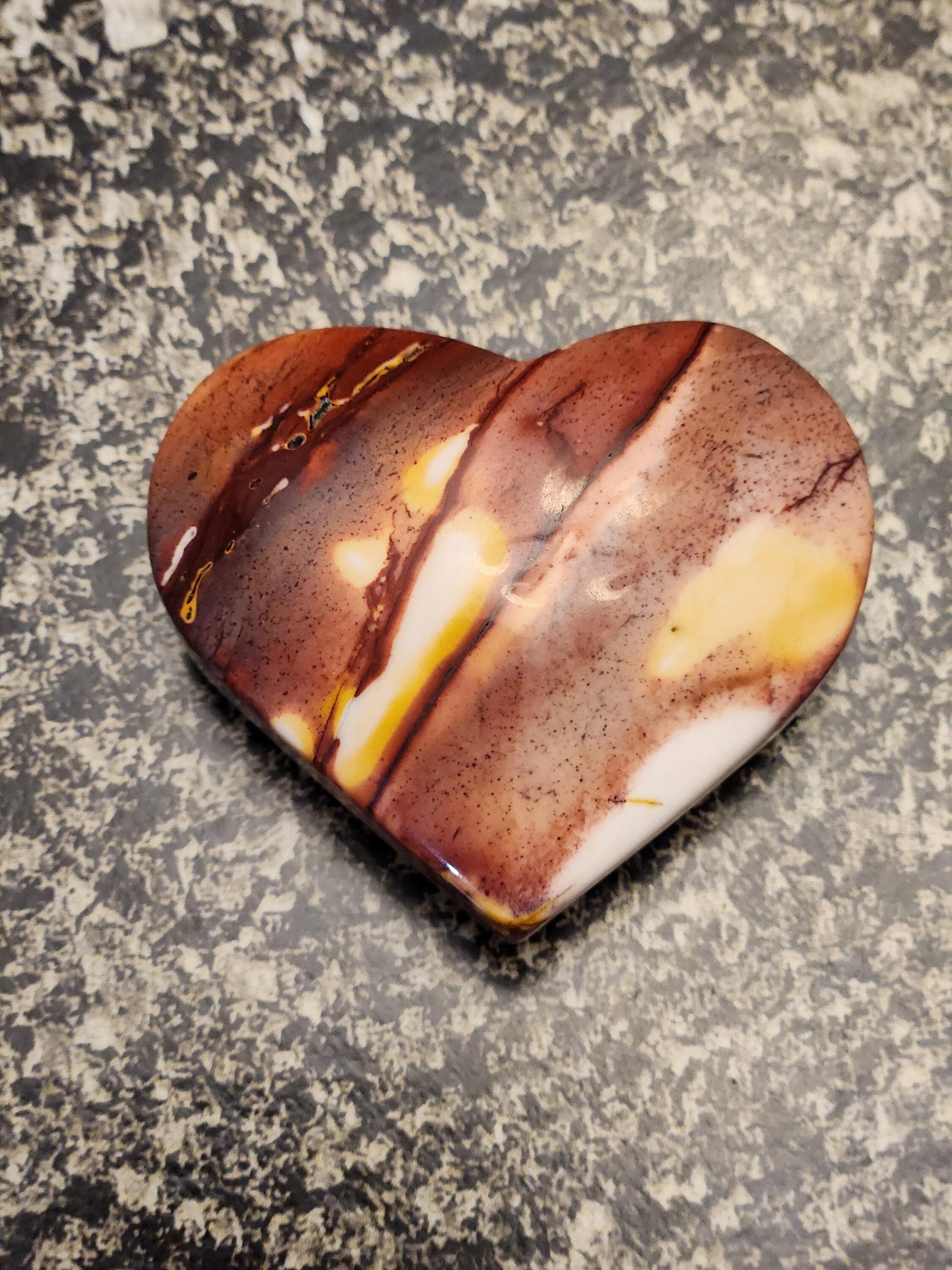 Polished Mookaite Jasper Crystal Heart: Burgundy, White, and Yellow