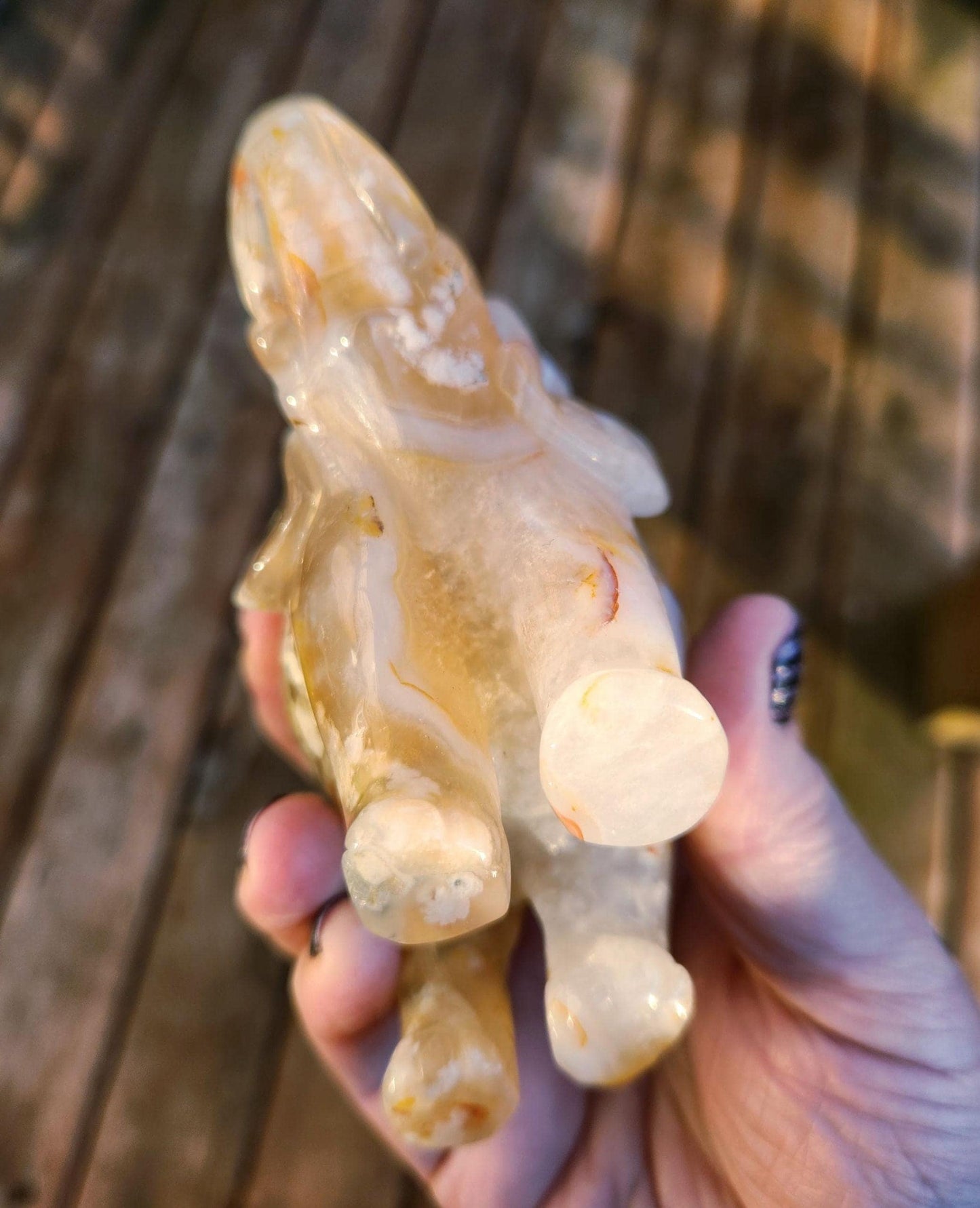 Carved Flower Agate Elephant: High Polished Crystal Stone