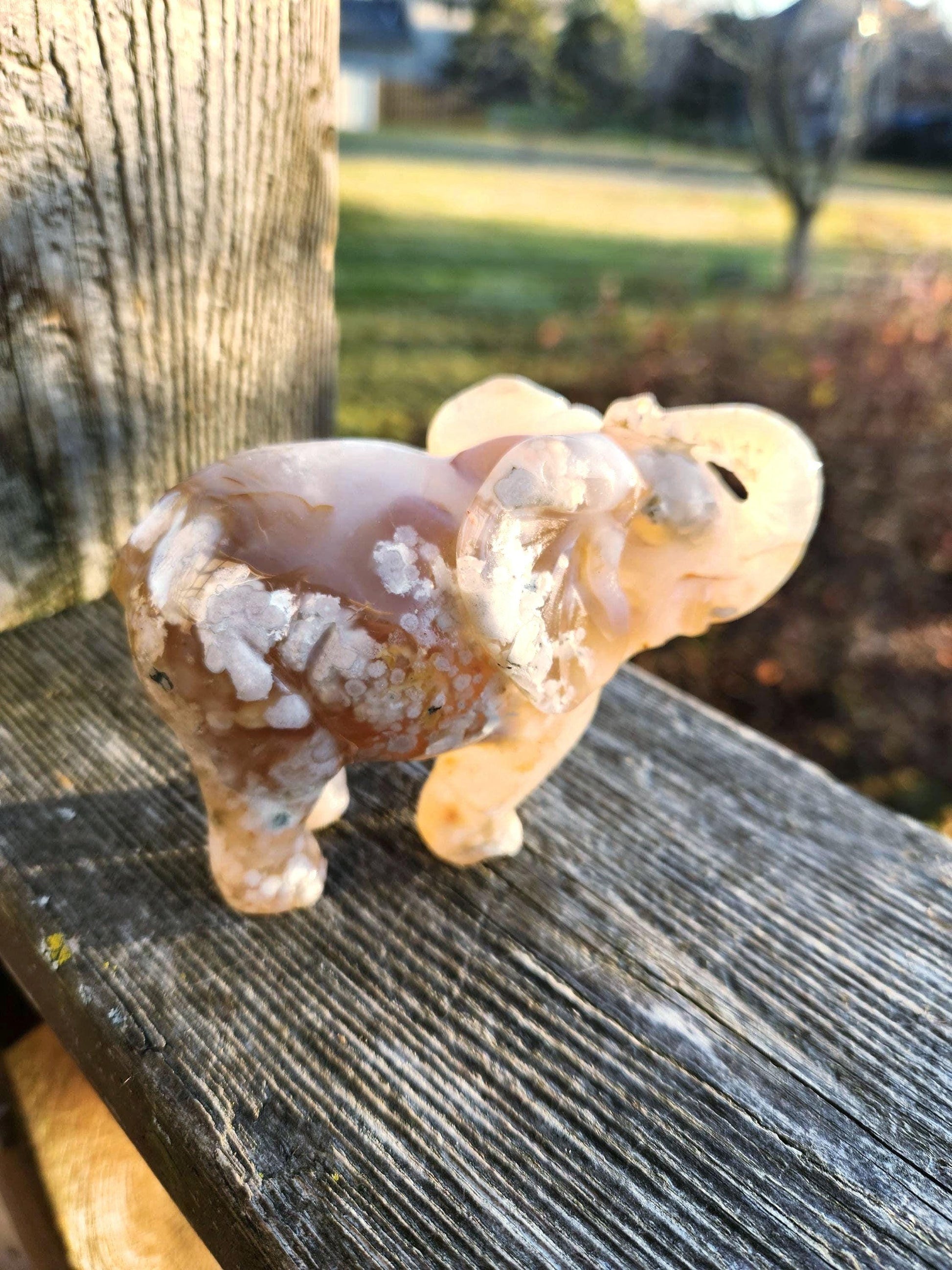 Carved Flower Agate Elephant: High Polished Crystal Stone