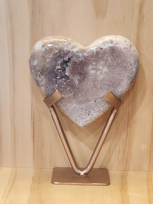 Pink Amethyst Crystal Heart with Rose Gold Stand: Druzy Pocket, Brazil