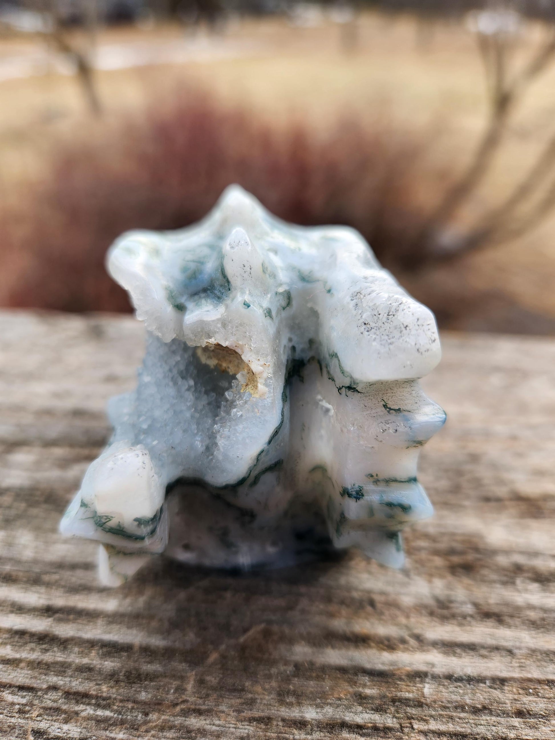 Beautiful AAA Natural Moss Agate Crystal Carved Dragon Head , DND