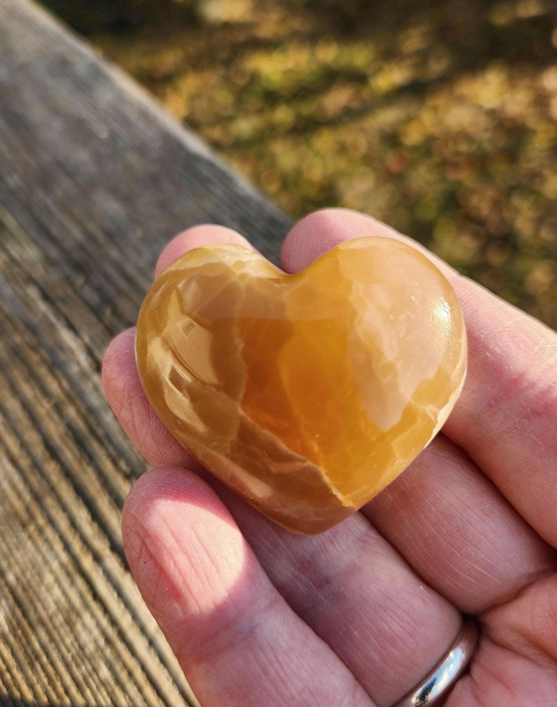 AAA Honey Calcite Crystal Heart: Golden Hues, Polished Stone