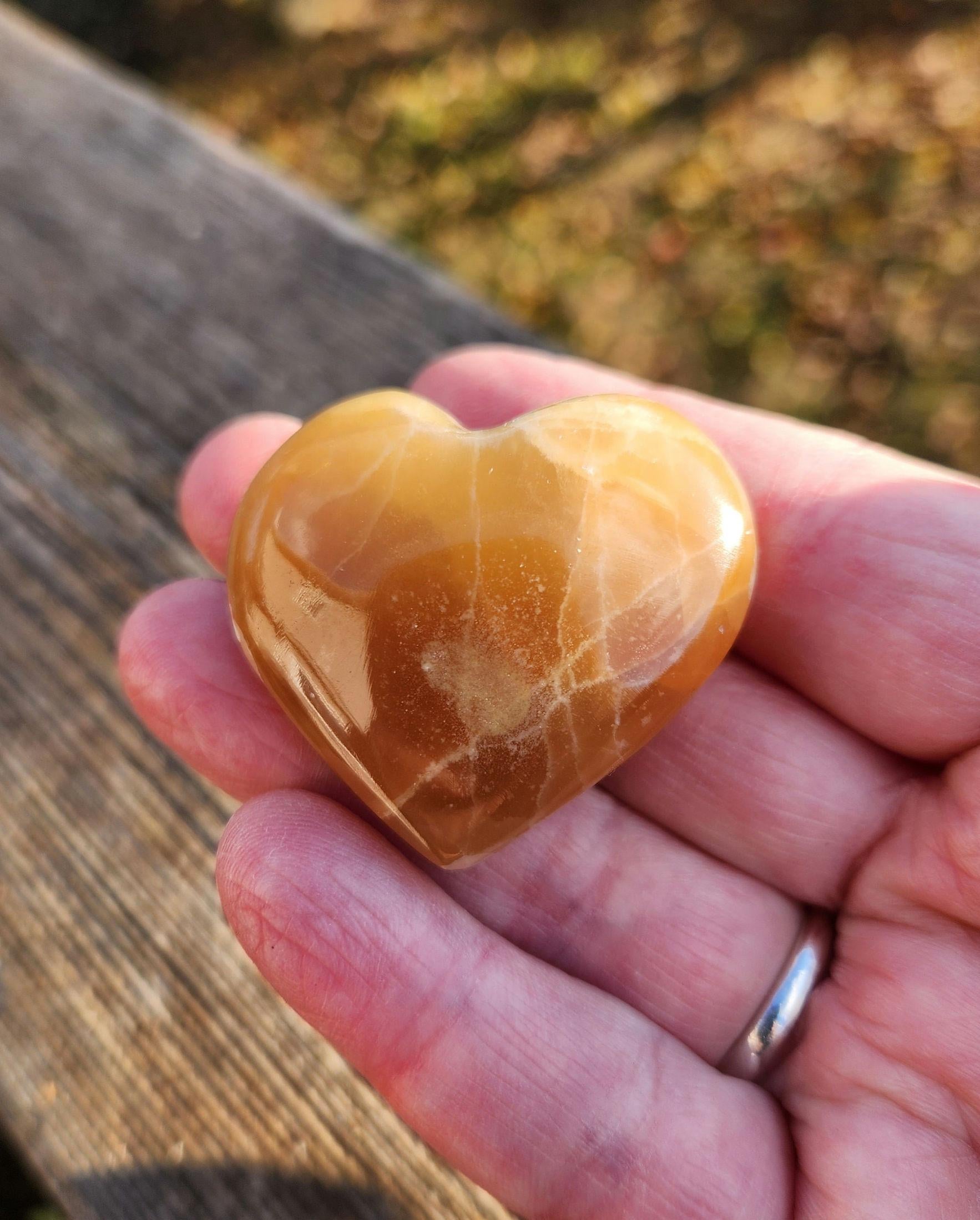 AAA Honey Calcite Crystal Heart: Golden Hues, Polished Stone