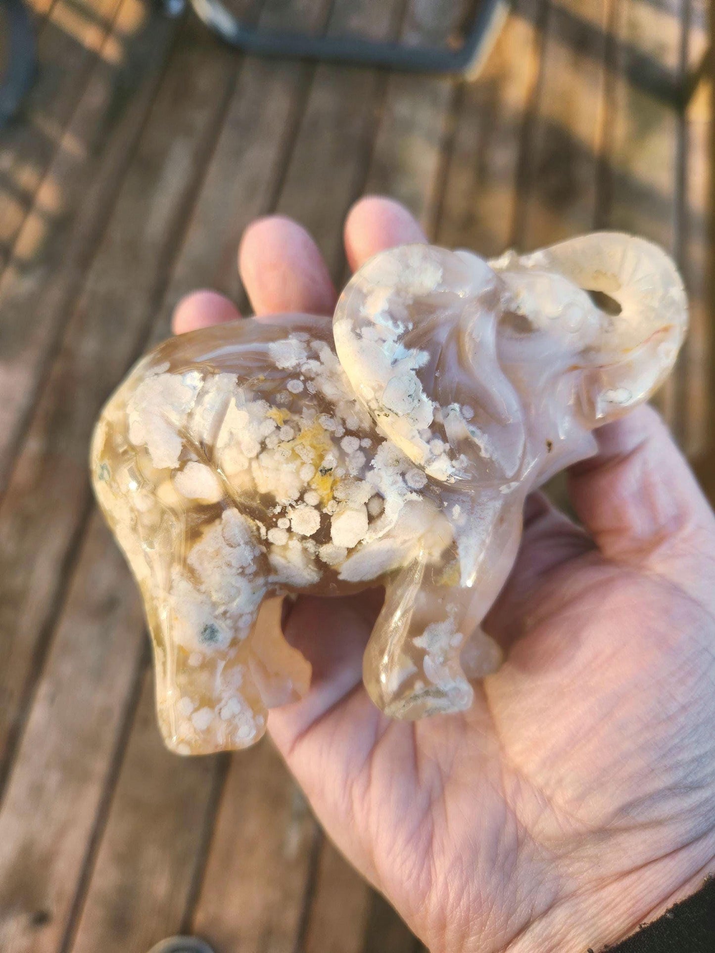 Carved Flower Agate Elephant: High Polished Crystal Stone