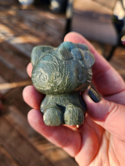 Labradorite Hello Kitty Crystal: Hand Carved Rainbow Flash Stone
