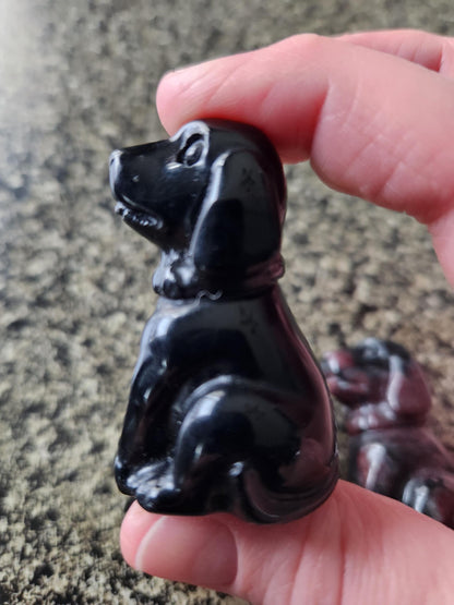 Carved Crystal Hound Dog: Black Obsidian, Yellow Calcite, or Garnet, One