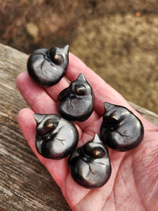 Silver Sheen Obsidian Small Sleeping Cat - Natural Stone Crystal, One