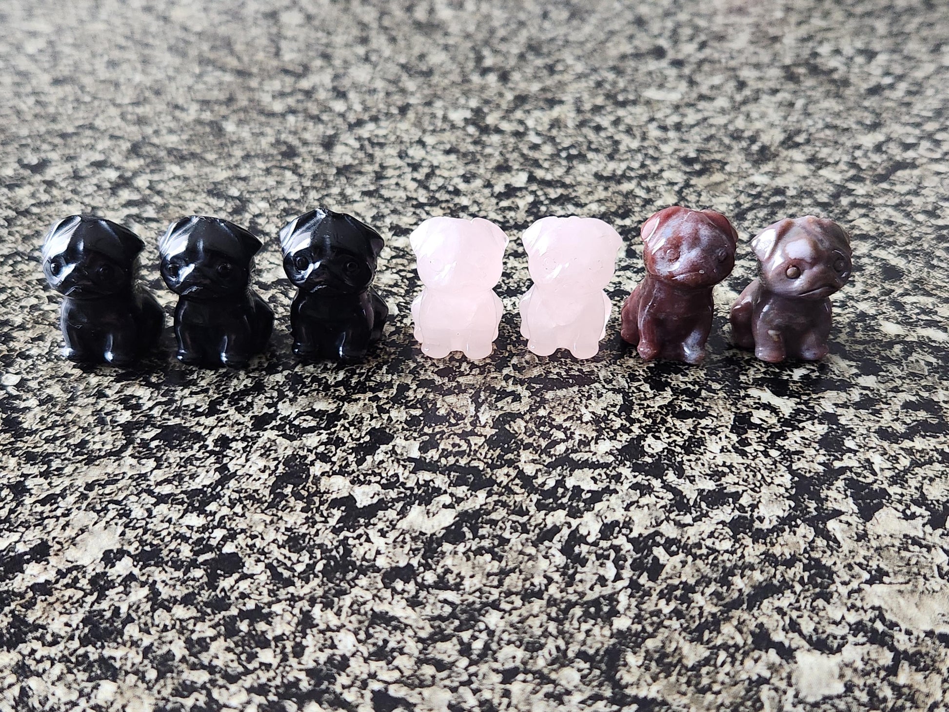 Cute Carved Mini Pugs Dog, Rose Quartz, Black Obsidian Or Indian Agate, 1 Crystal Dog