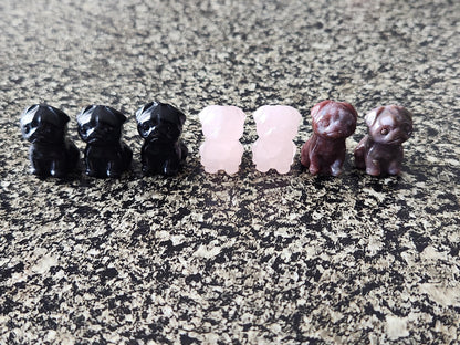 Carved Crystal Pug: Rose Quartz, Black Obsidian, or Indian Agate, One