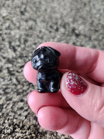Carved Crystal Pug: Rose Quartz, Black Obsidian, or Indian Agate, One