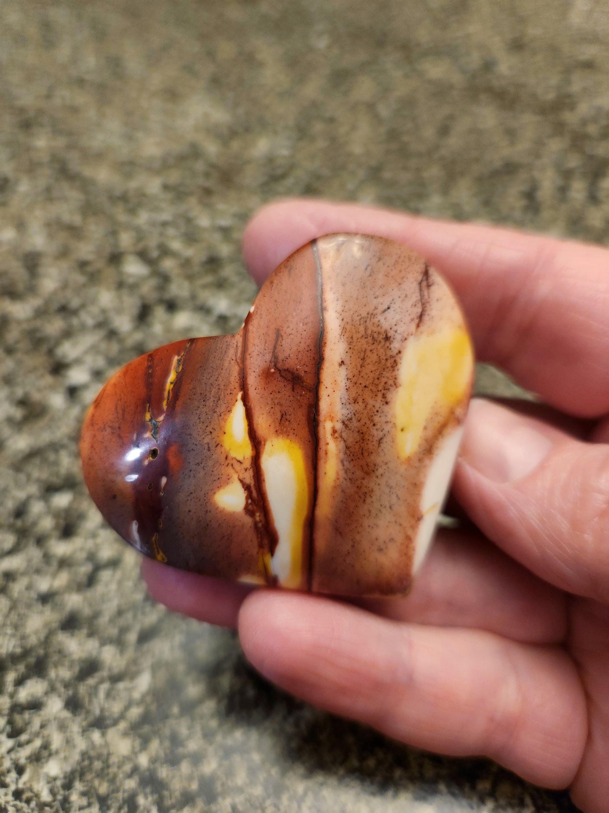 Polished Mookaite Jasper Crystal Heart: Burgundy, White, and Yellow