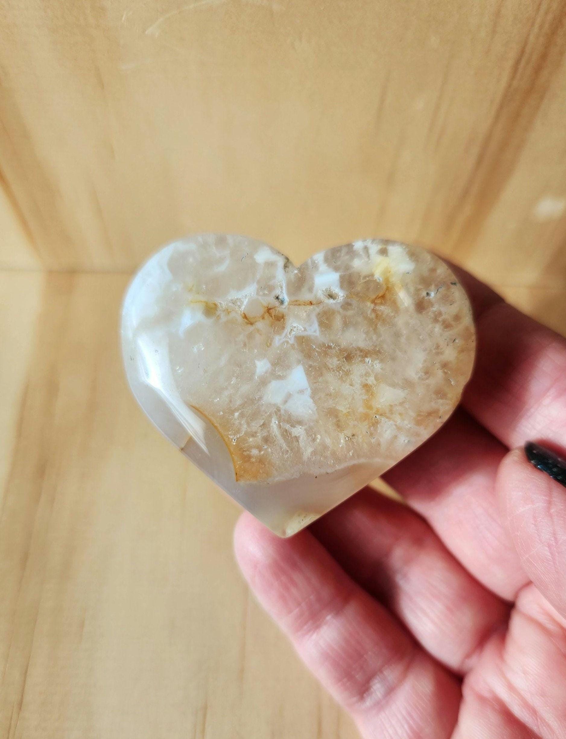 Flower Agate Crystal Heart: Self Standing Palm Stone