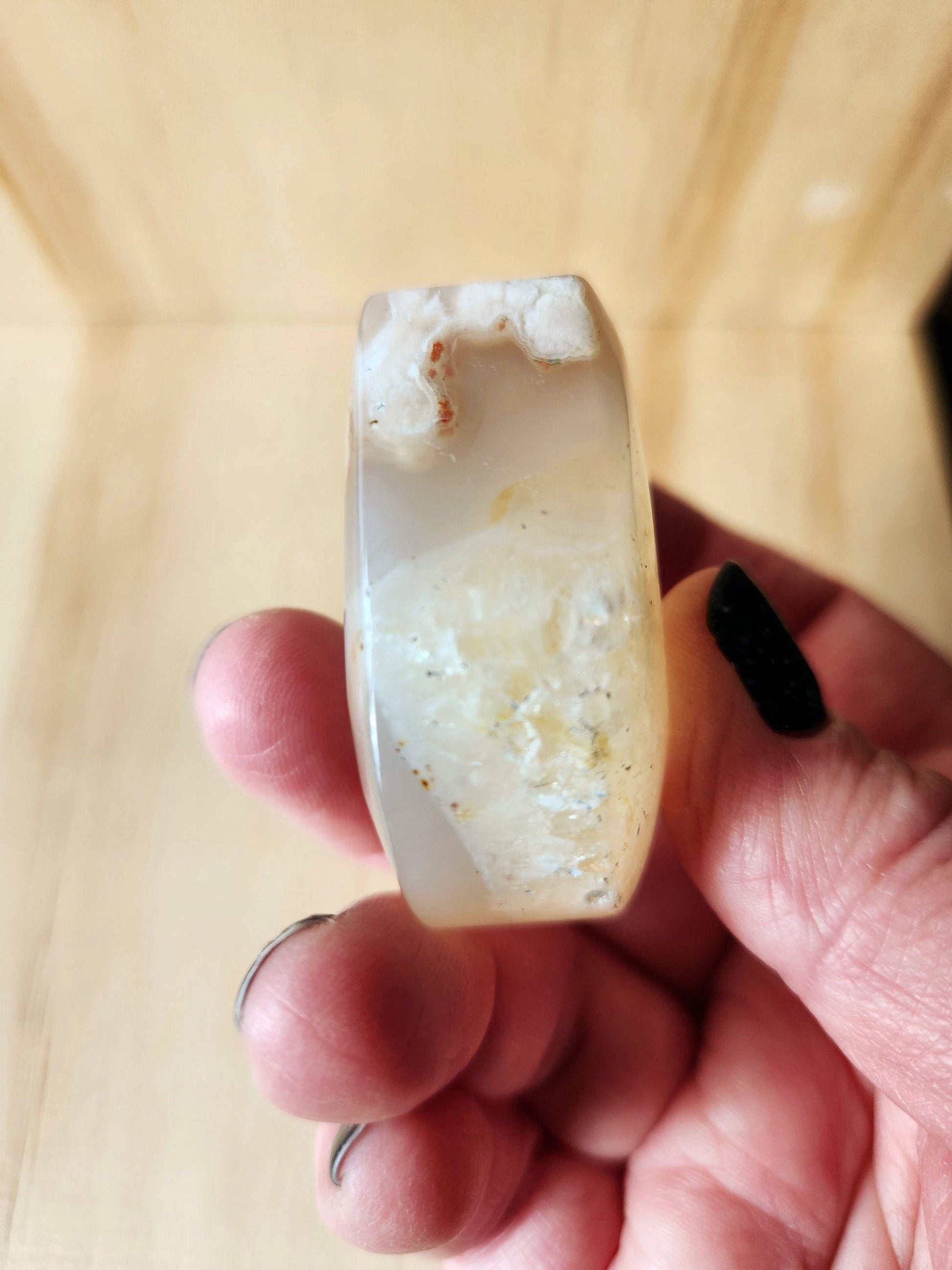 Flower Agate Crystal Heart: Self Standing Palm Stone