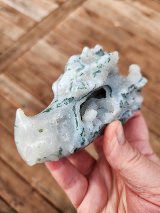 Beautiful AAA Natural Moss Agate Crystal Carved Dragon Head , DND