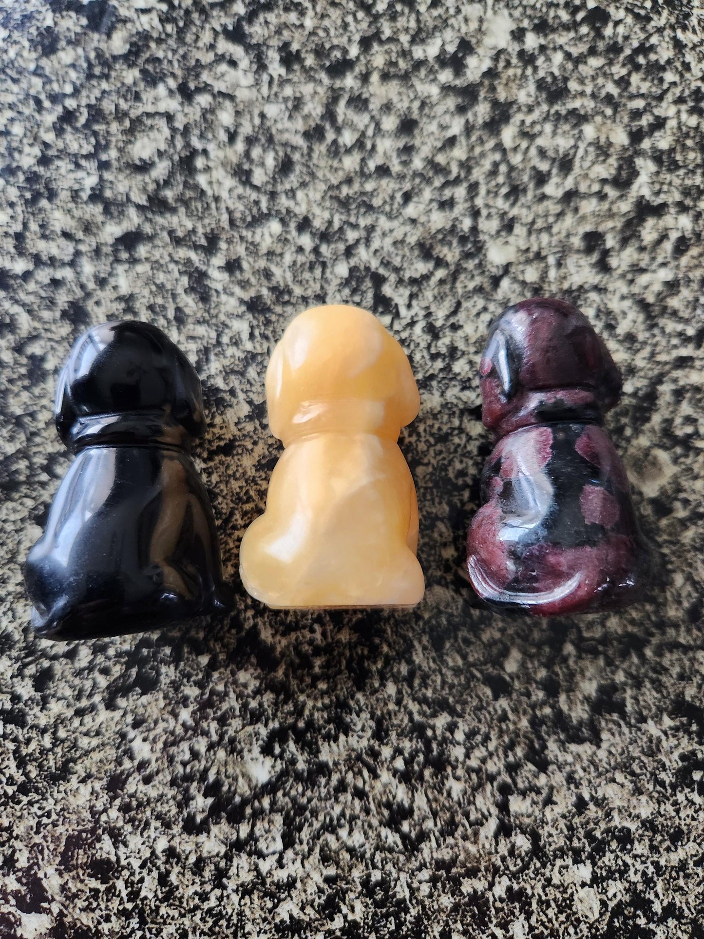 Carved Crystal Hound Dog: Black Obsidian, Yellow Calcite, or Garnet, One