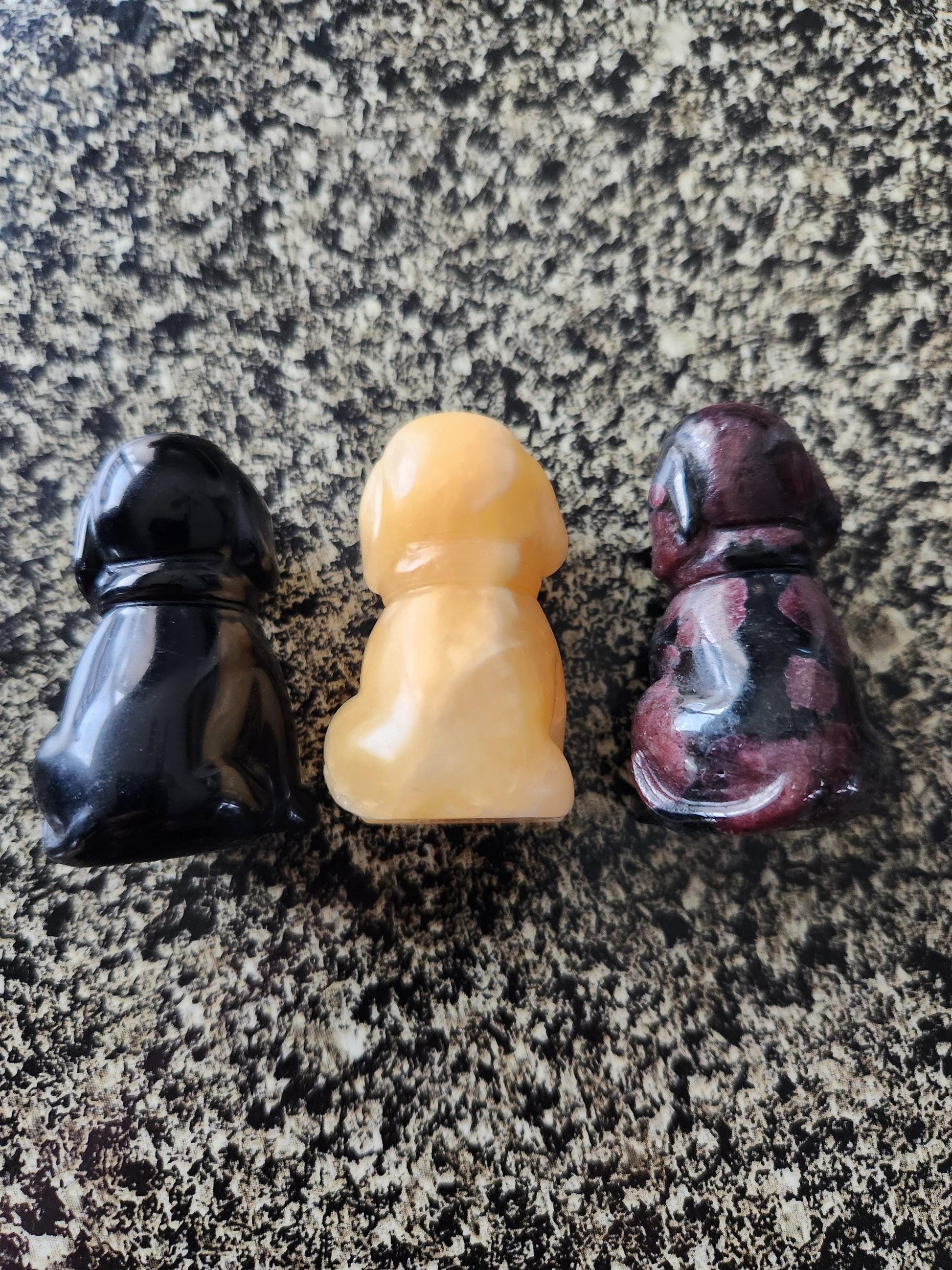 Carved Crystal Hound Dog: Black Obsidian, Yellow Calcite, or Garnet, One