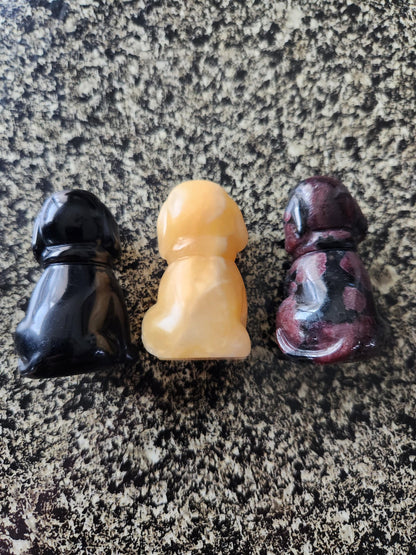 Carved Crystal Hound Dog: Black Obsidian, Yellow Calcite, or Garnet, One