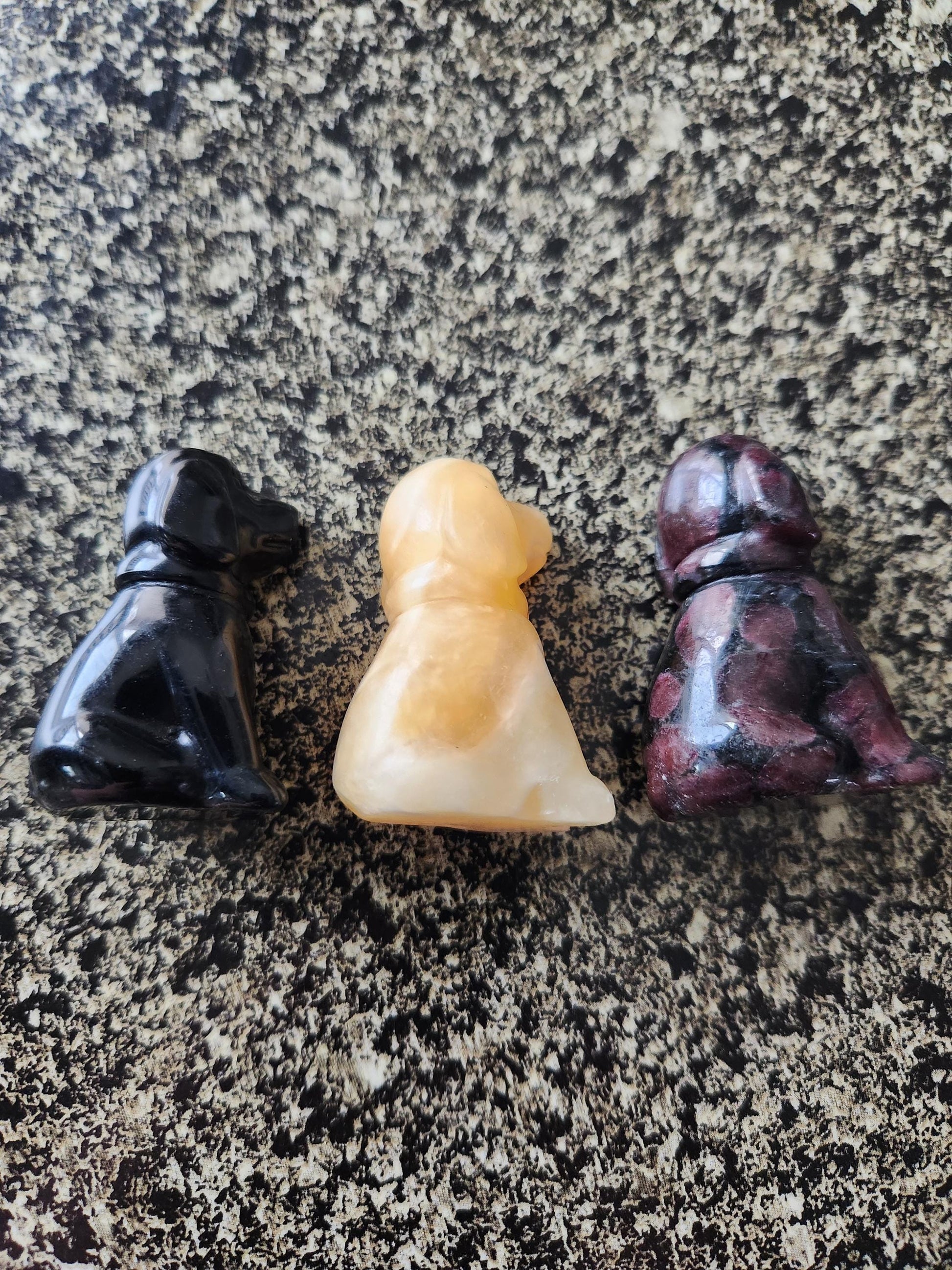 Carved Crystal Hound Dog: Black Obsidian, Yellow Calcite, or Garnet, One