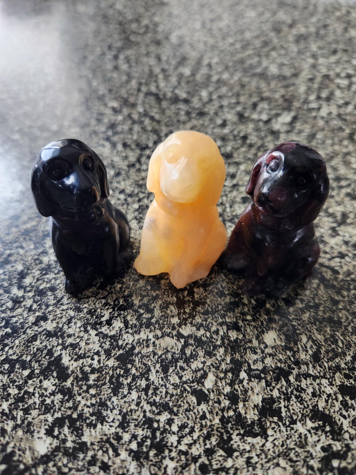 Carved Crystal Hound Dog: Black Obsidian, Yellow Calcite, or Garnet, One