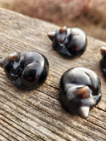 Silver Sheen Obsidian Small Sleeping Cat - Natural Stone Crystal, One