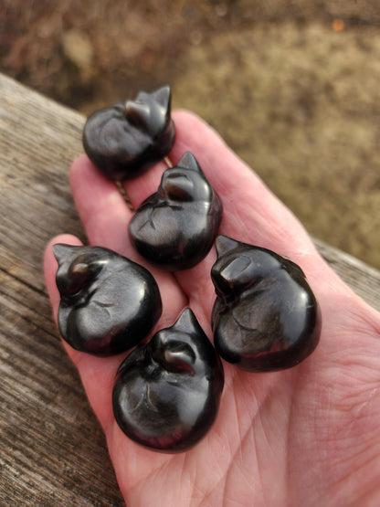 Silver Sheen Obsidian Small Sleeping Cat - Natural Stone Crystal, One
