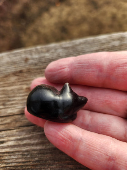 Silver Sheen Obsidian Small Sleeping Cat - Natural Stone Crystal, One