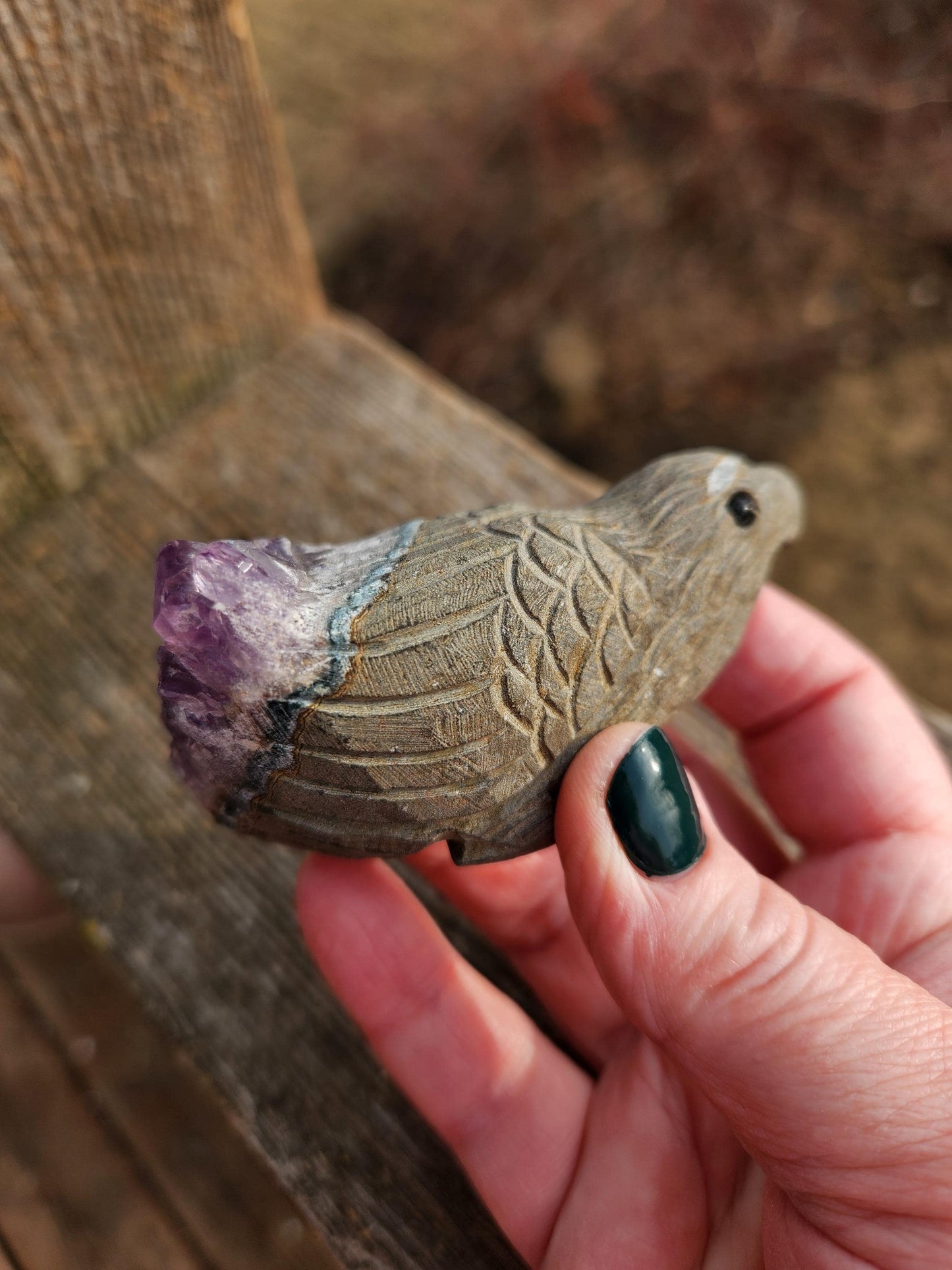 Super Unique Purple Amethyst with Matrix Eagle Or Hawk Bird Carving Natural Stone Crystal