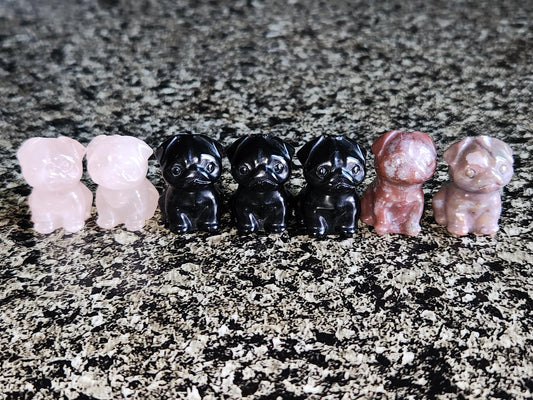 Cute Carved Mini Pugs Dog, Rose Quartz, Black Obsidian Or Indian Agate, 1 Crystal Dog