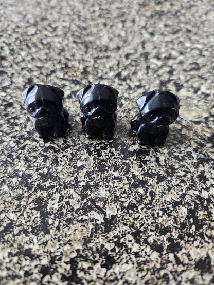 Carved Crystal Pug: Rose Quartz, Black Obsidian, or Indian Agate, One