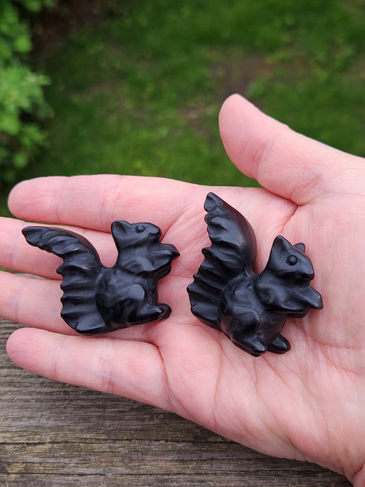 Hand Carved Black Obsidian Squirrel Crystal Figurine, 1 Squirrel