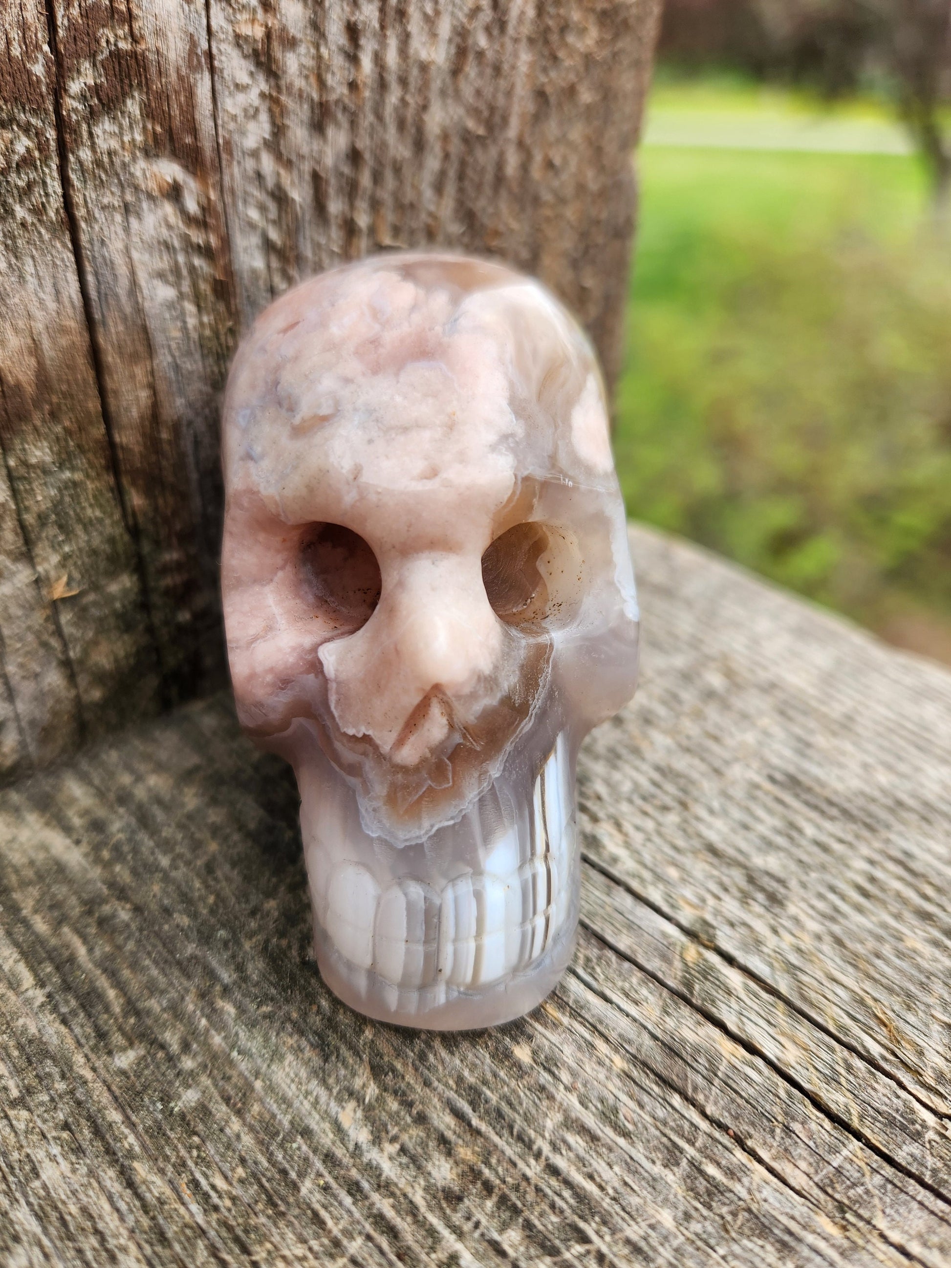 May include: A carved skull made of agate with pink and white colors. The skull has a detailed carving of the teeth and eye sockets.