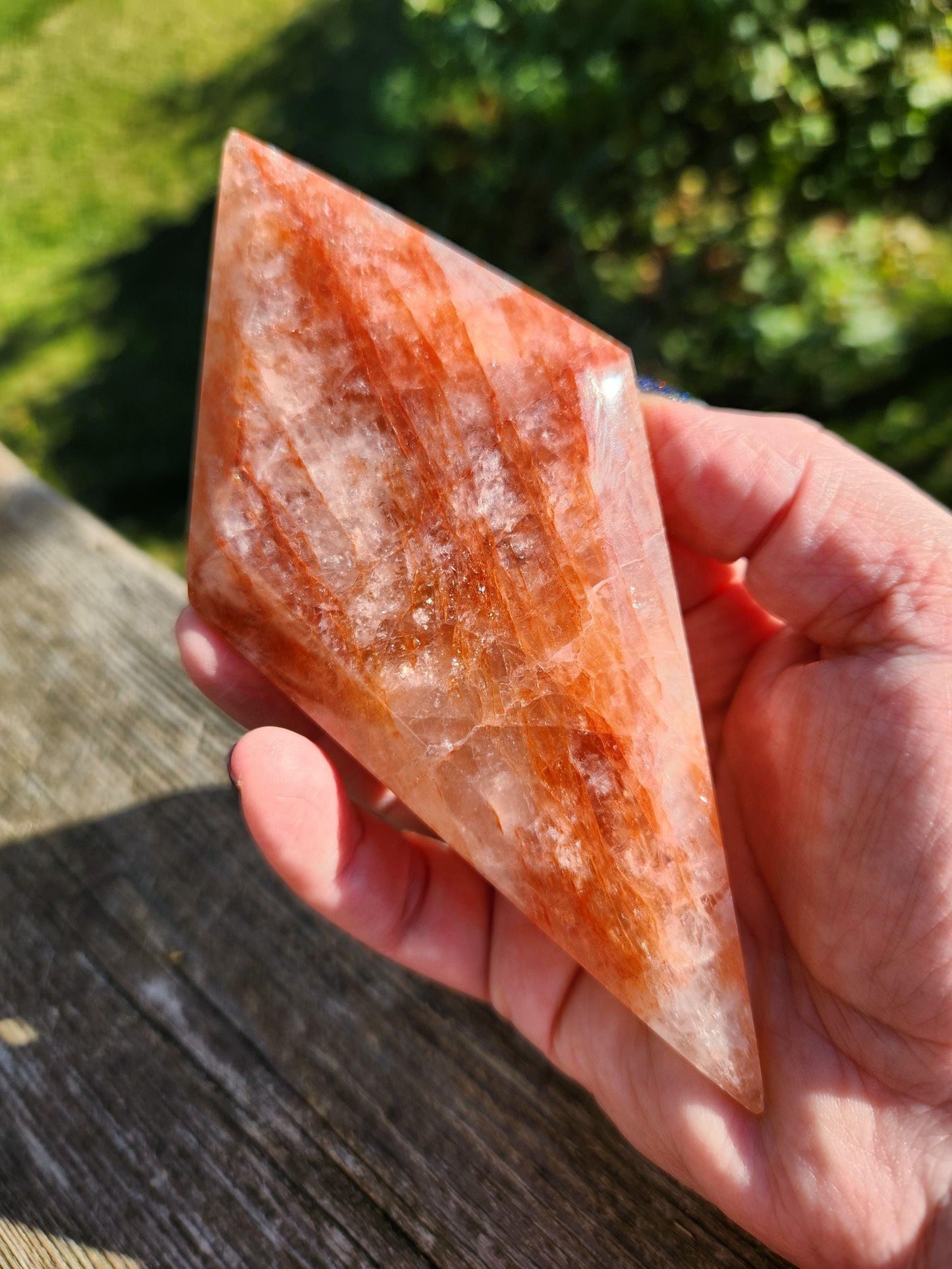 Unique Fire Quartz Crystal Faceted Diamond on Gold Stand