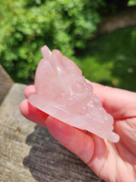 Rose Quartz Money Toad with Golden Healer Crystal Carving