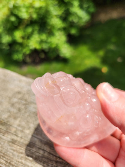 Rose Quartz Money Toad with Golden Healer Crystal Carving
