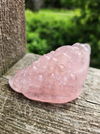Rose Quartz Money Toad with Golden Healer Crystal Carving