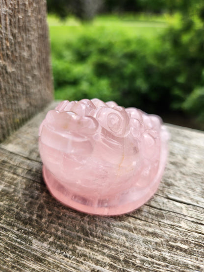 Rose Quartz Money Toad with Golden Healer Crystal Carving